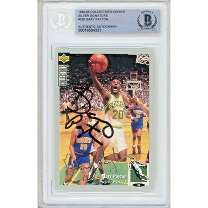 Basketballs- Autographed- Gary Payton Seattle Supersonics Signed 1994-95 Collectors Choice Silver Signature Basketball Card Beckett Authentic Auto Slab Front