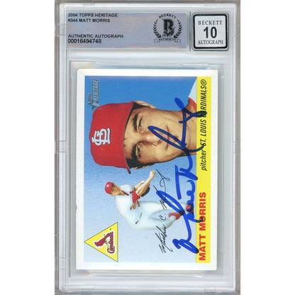 Baseballs- Autographed- Matt Morris Saint Louis Cardinals Signed 2004 Topps Heritage Baseball Card Beckett Authentic BGS Auto-10 Graded Slab Front