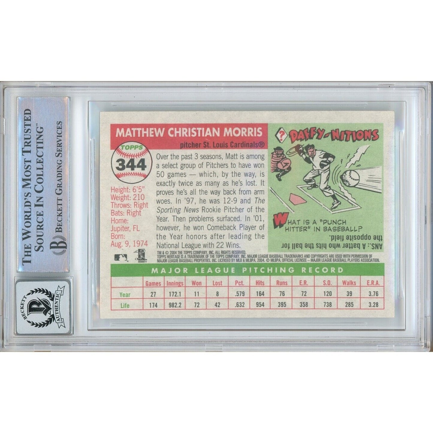 Baseballs- Autographed- Matt Morris St Louis Cardinals Signed 2004 Topps Heritage Baseball Card Beckett Authentic BGS Auto-10 Graded Slab Back