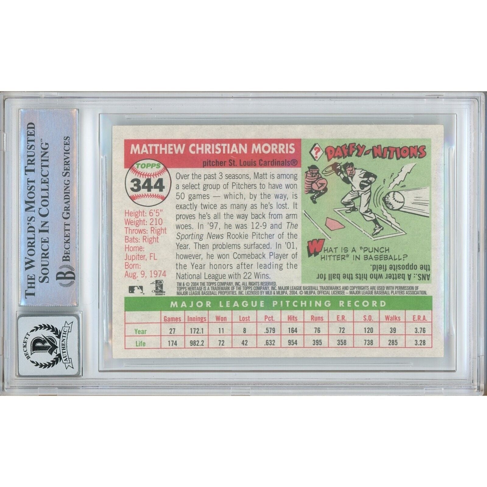 Matt Morris St Louis Cardinals auto trading card – authentication sticker – Beckett COA