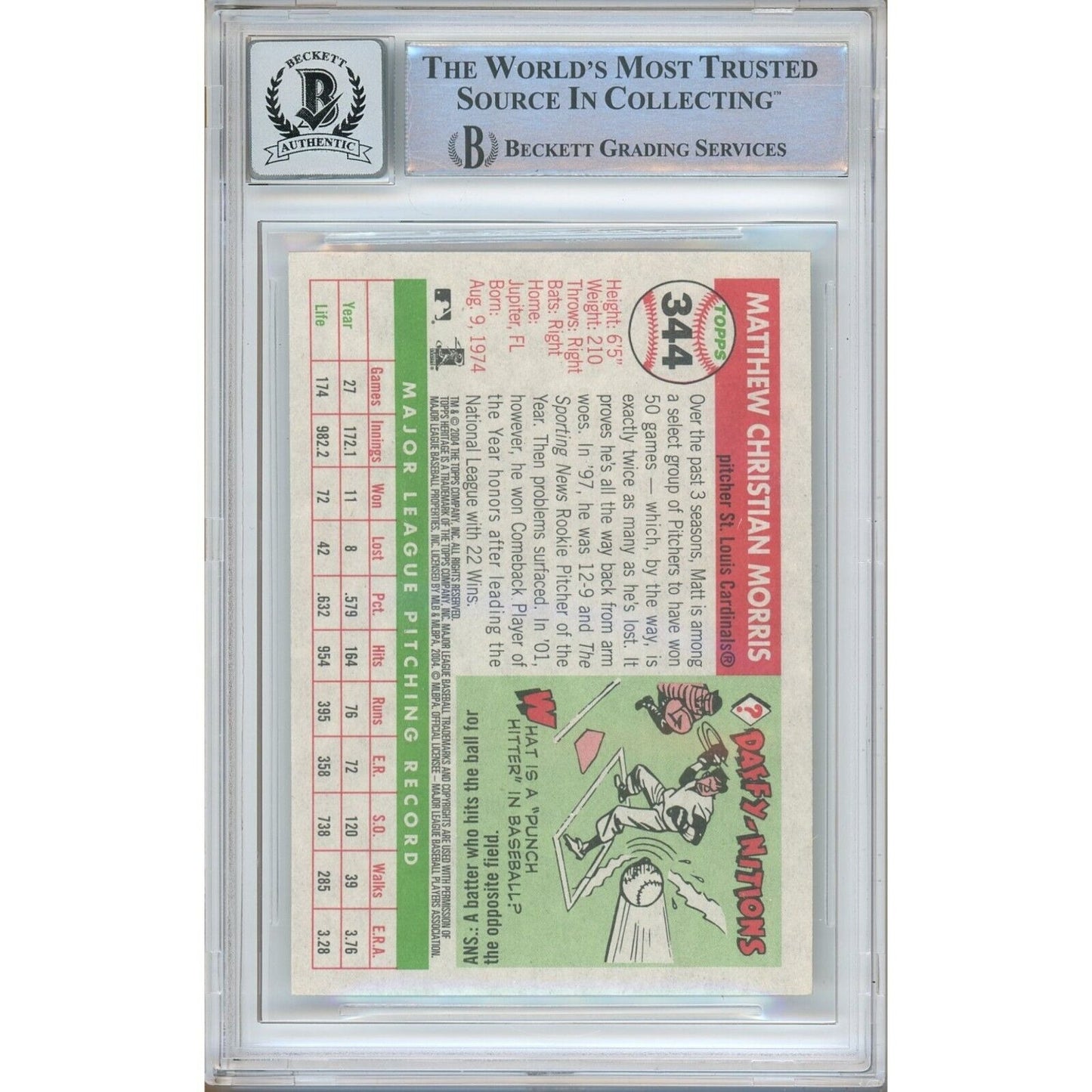 Baseballs- Autographed- Matt Morris St. Louis Cardinals Signed 2004 Topps Heritage Baseball Card Beckett Authentic BGS Auto-10 Graded Slab Back