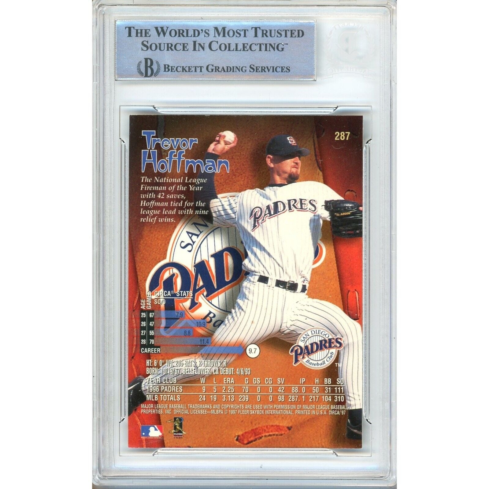 Baseballs- Autographed- Trevor Hoffman San Diego Padres Signed 1997 Circa Trading Card Beckett Authentic Auto Slab Back