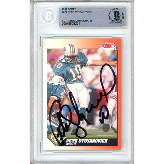 Footballs- Autographed- Pete Stoyanovich Miami Dolphins Signed 1992 Score Football Card Beckett Authentic Auto Slab Front