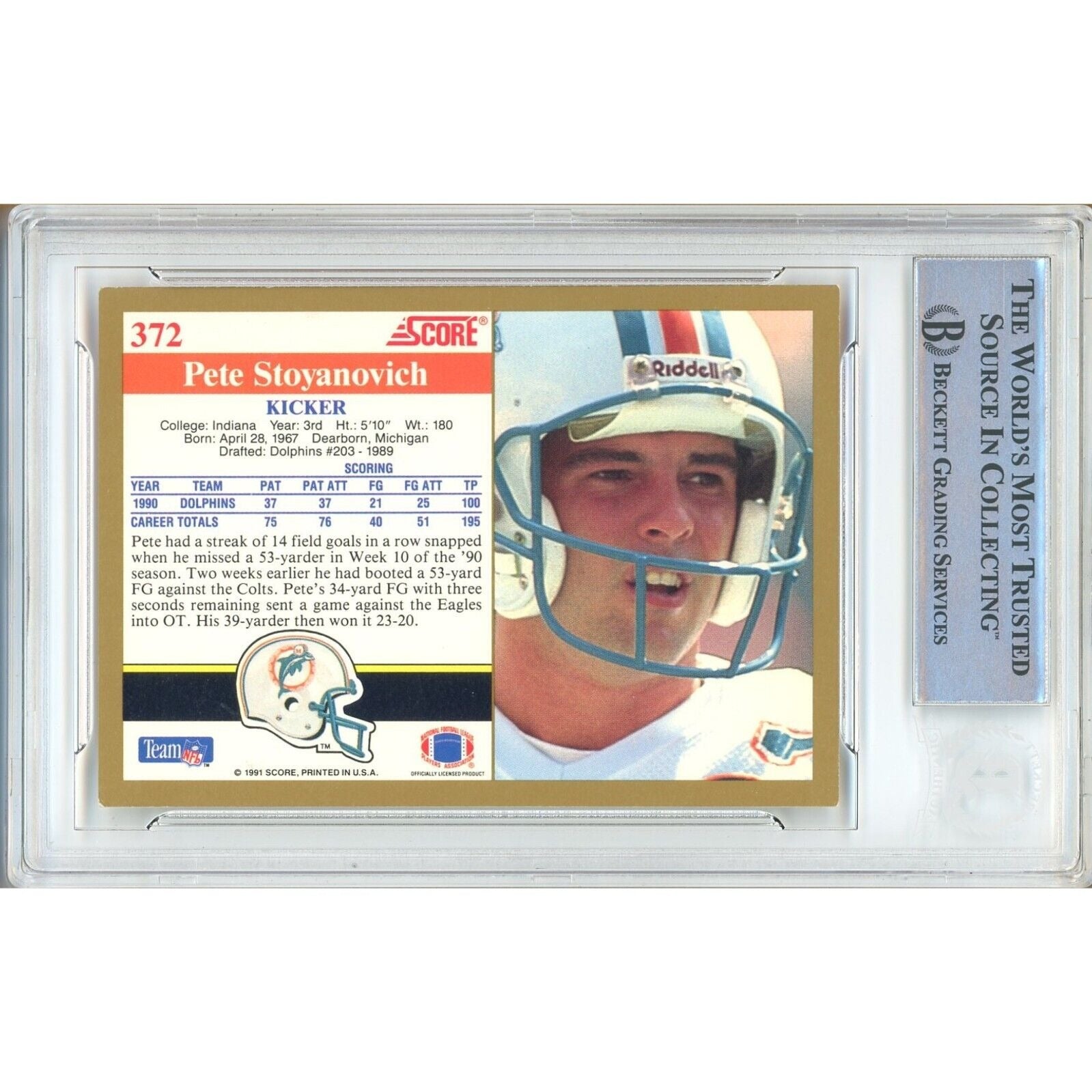 Pete Stoyanovich Miami Dolphins signed trading card – signature close-up – Beckett COA
