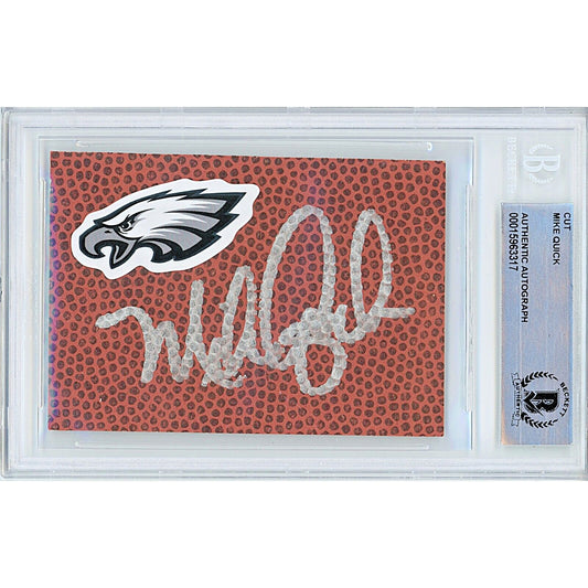 Footballs- Autographed- Mike Quick Philadelphia Eagles Signed Football Signature Cut Beckett Authentic Auto Slab Front