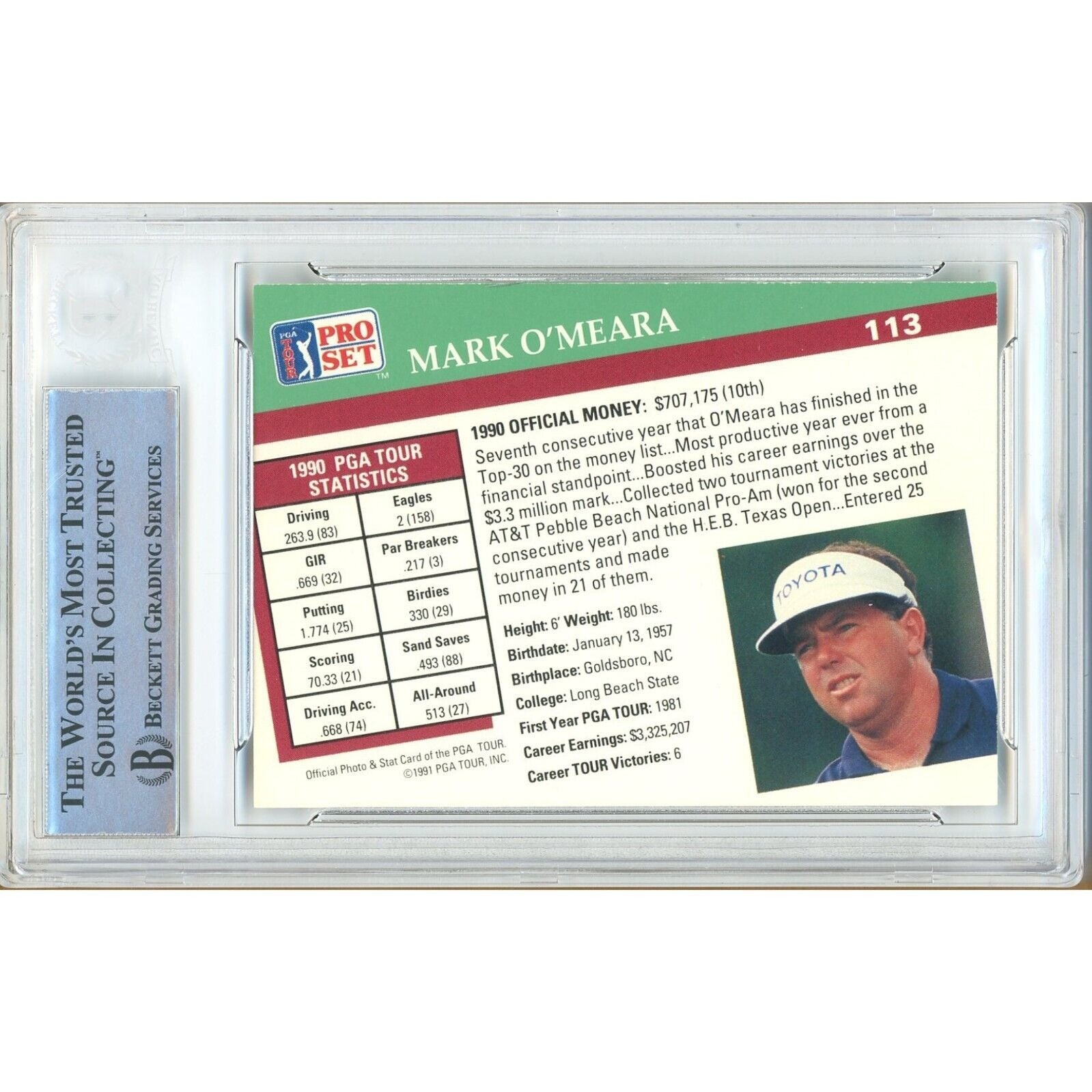 Mark O'Meara signed trading card – signature close-up – Beckett COA