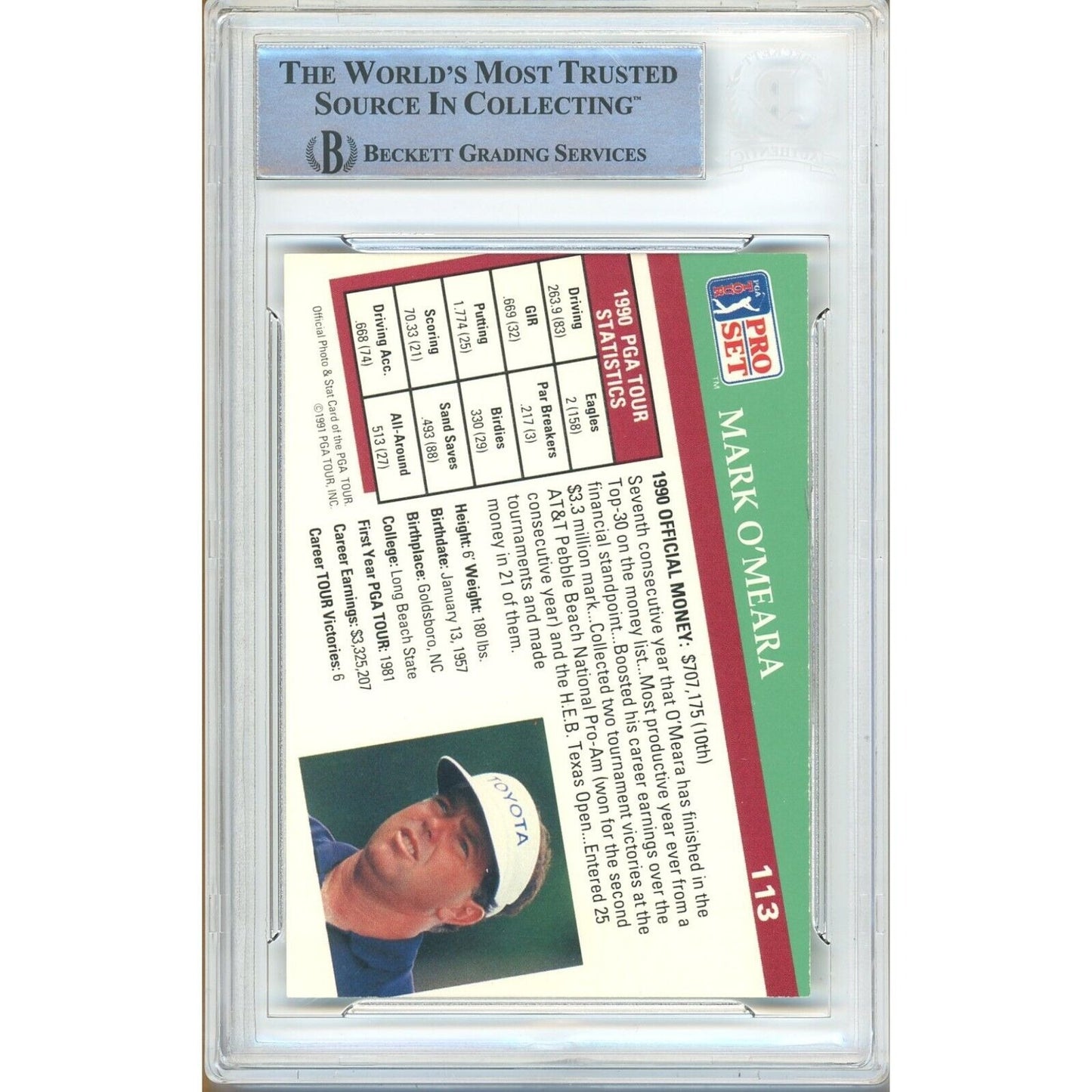 Golf- Autographed- Mark O'Meara Signed 1991 Pro Set PGA Tour Golf Trading Card Beckett Authenticated Auto Slab Back