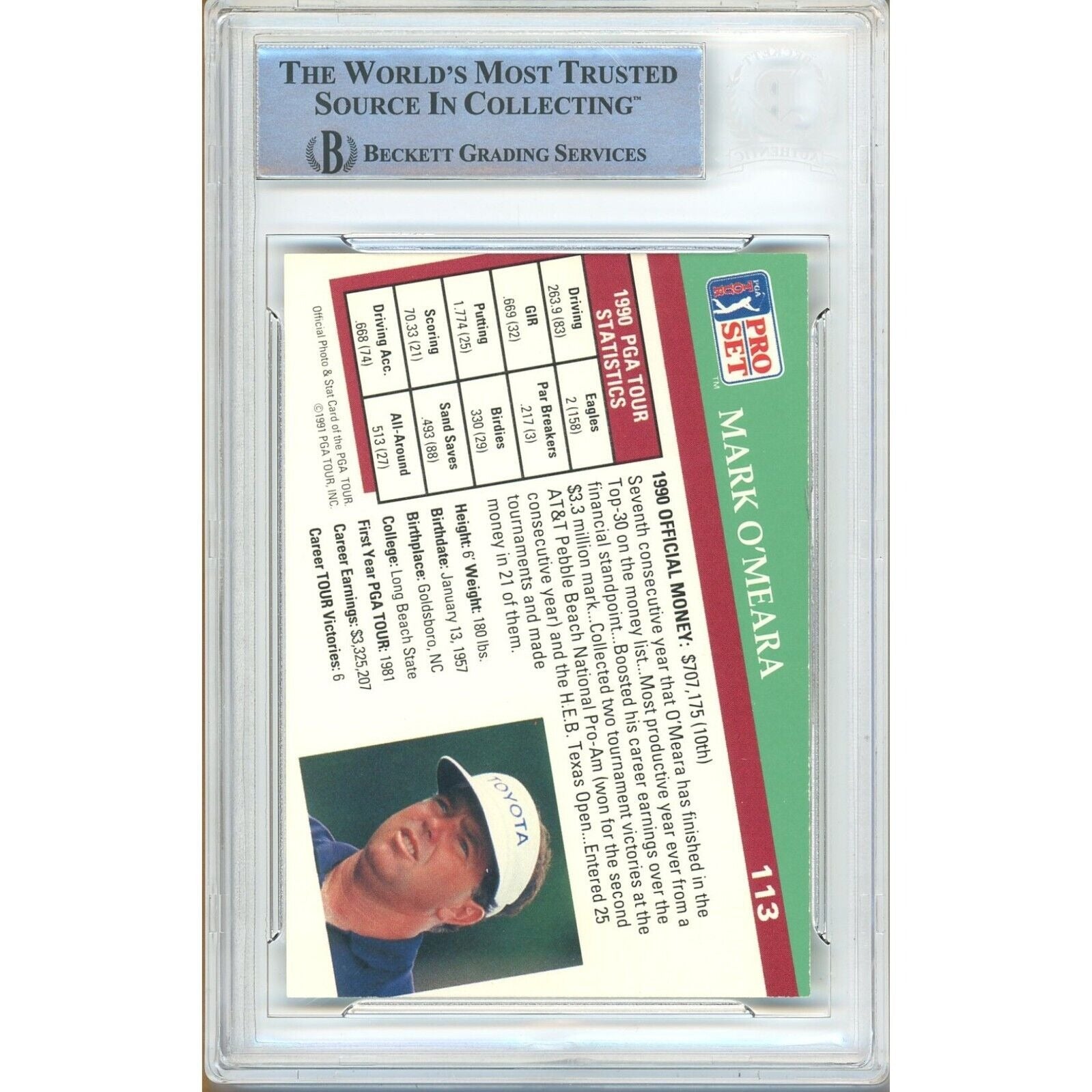 Mark O'Meara auto trading card – authentication sticker – Beckett COA