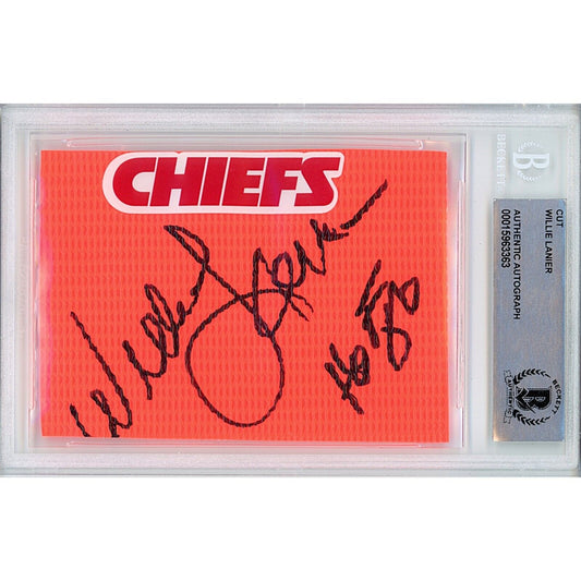 Footballs- Autographed- Willie Lanier Kansas City Chiefs Signed Football End Zone Pylon Signature Cut Beckett Authentic Auto Slab Front