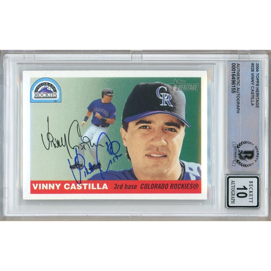 Baseballs- Autographed- Vinny Castilla Colorado Rockies Signed 2004 Topps Heritage Trading Card Beckett Authentic BGS Auto-10 Graded Slab Front