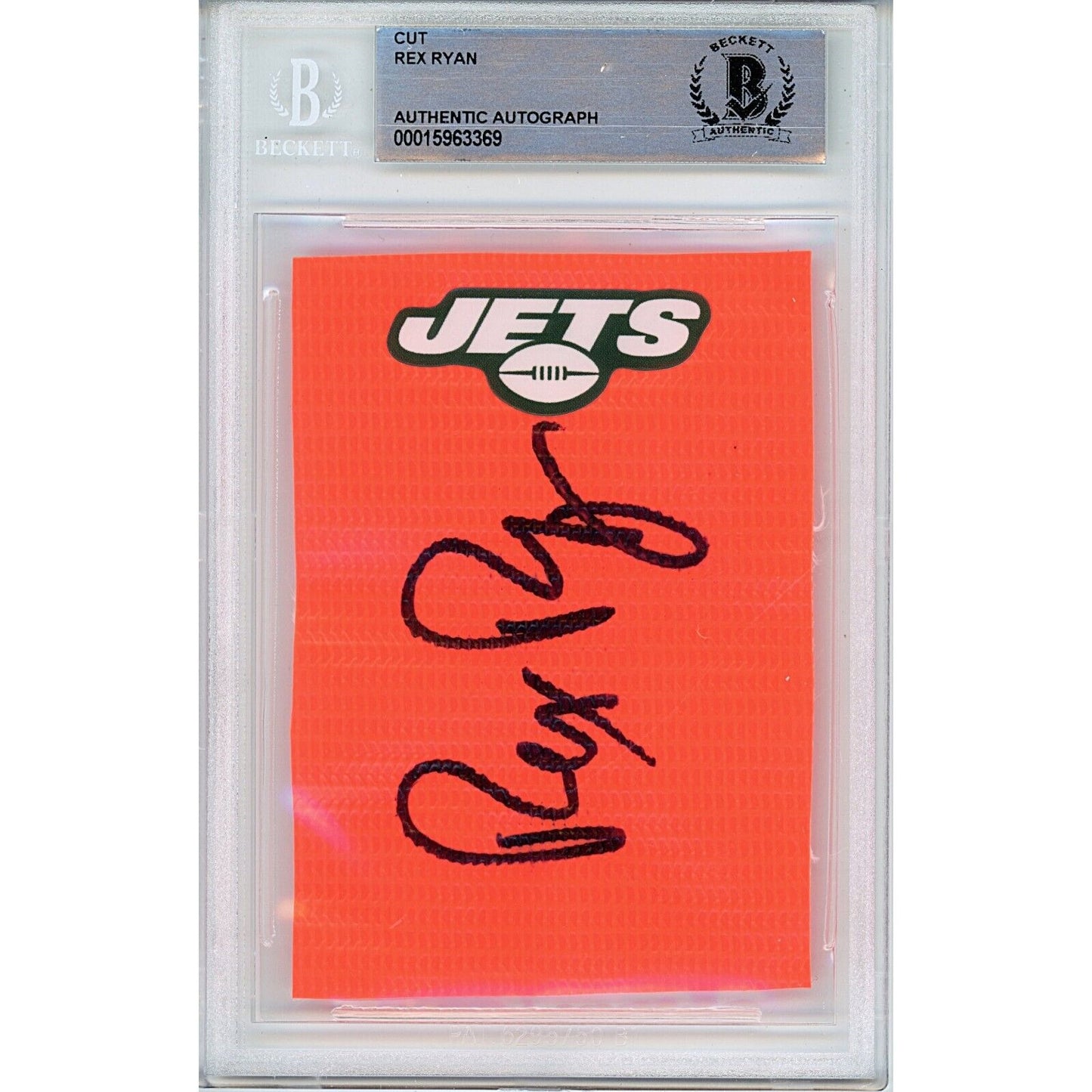 Footballs- Autographed- Rex Ryan NY Jets Signed Football End Zone Pylon Signature Cut Beckett Authentic Auto Slab Front