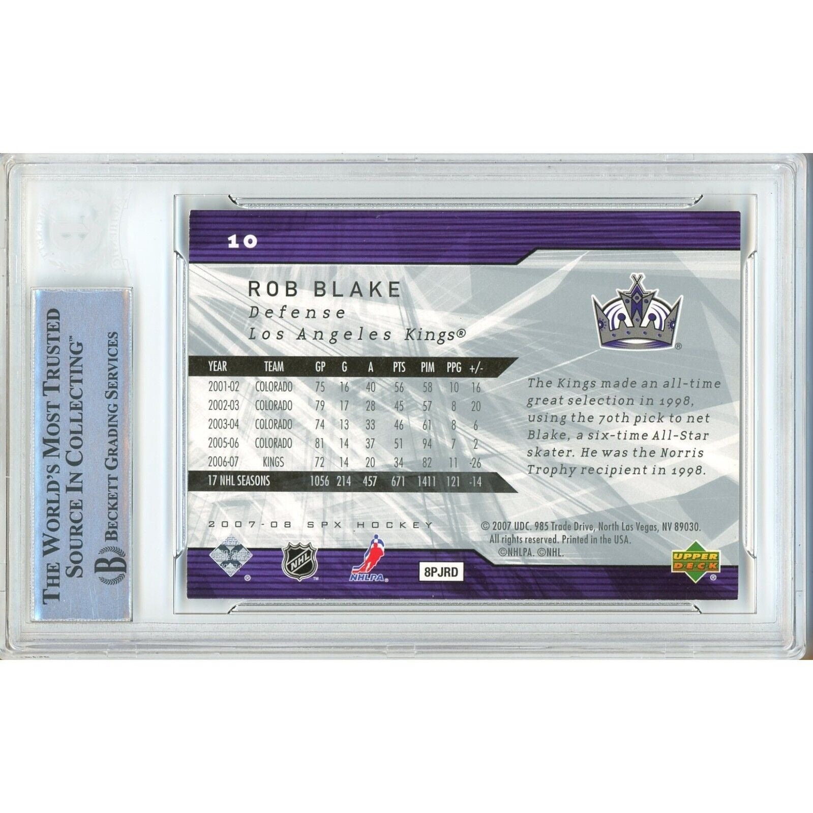 Hockey- Autographed- Rob Blake LA Kings Signed 2007-08 Upper Deck SPx Trading Card Beckett Authentic Auto Slab Back