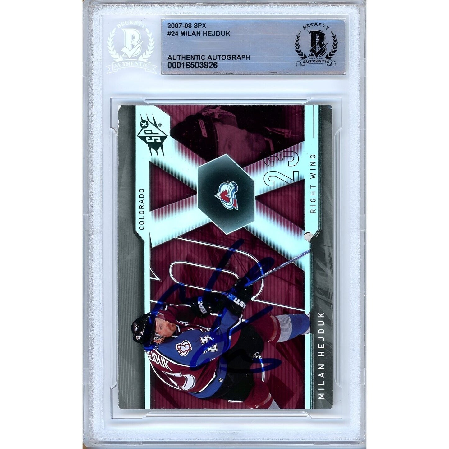 Hockey- Autographed- Milan Hejduk Colorado Avs Signed 2007-08 Upper Deck SPx Hockey Card Beckett Authentic Auto Slab Front