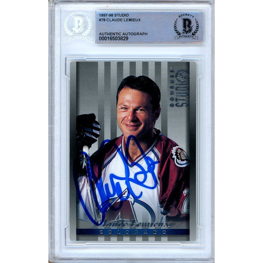 Hockey- Autographed- Claude Lemieux Colorado Avalanche Signed 1997-98 Donruss Studio Hockey Card Beckett Authentic Auto Slab Front