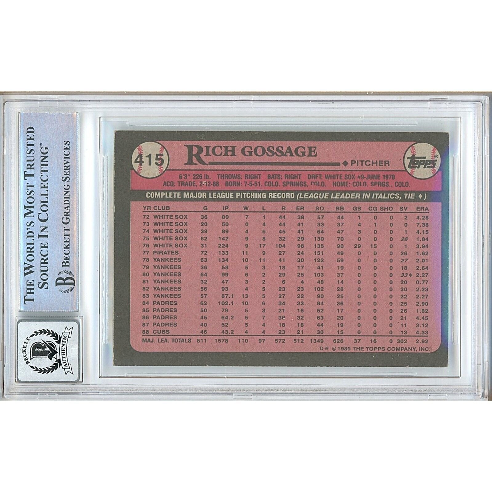 Baseballs- Autographed- Rich Goose Gossage Chicago Cubs Signed 1989 Topps Trading Card Beckett Authentic BGS Auto-10 Graded Slab Back