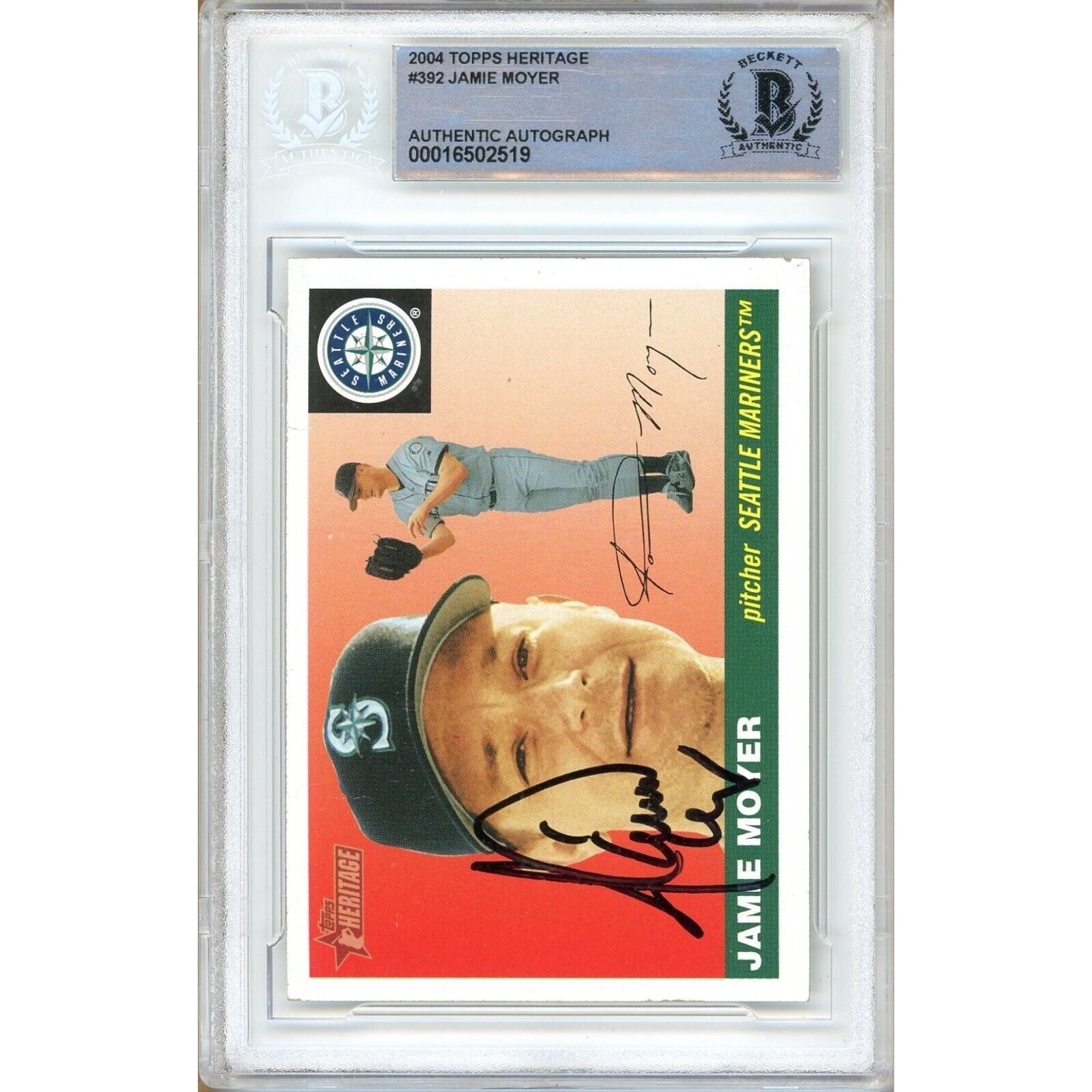 Baseballs- Autographed- Jamie Moyer Seattle Mariners Signed 2004 Topps Heritage Baseball Card Beckett Authenticated Auto Slab Front