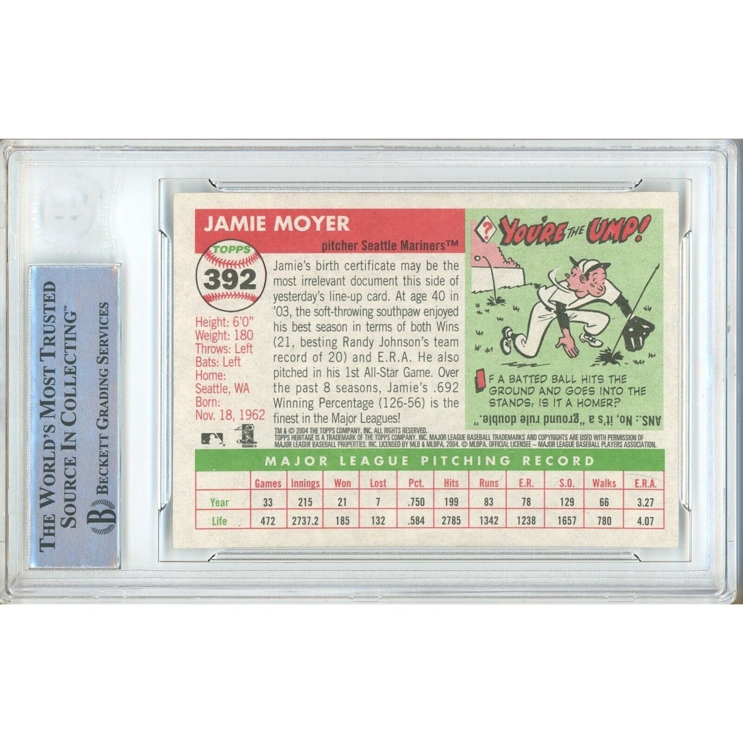 Baseballs- Autographed- Jamie Moyer Seattle Mariners Signed 2004 Topps Heritage Baseball Card Beckett Authentic Auto Slab Back