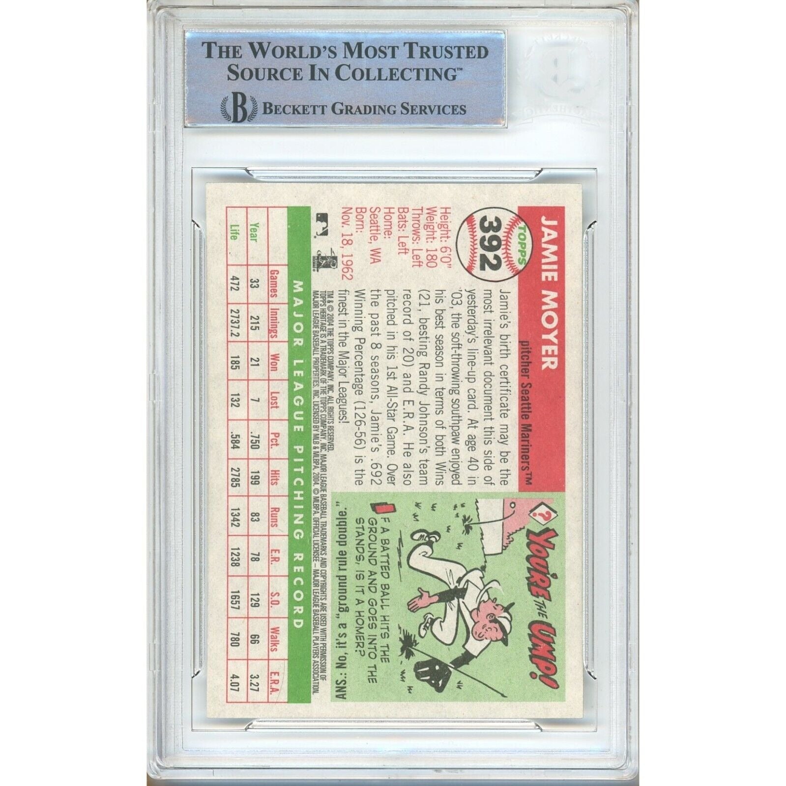 Jamie Moyer Seattle Mariners trading card autograph – angled display – Beckett COA