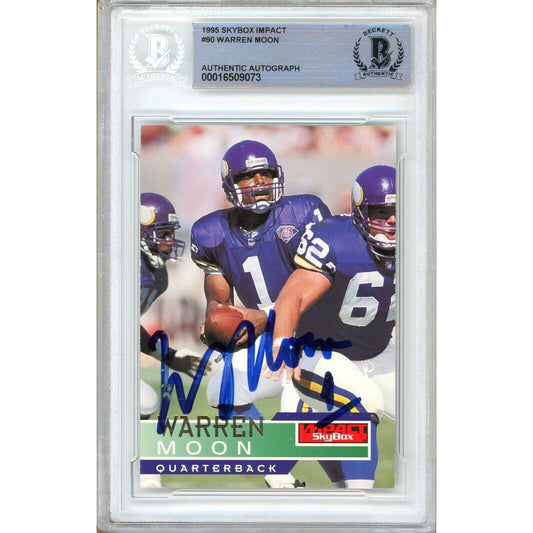 Footballs- Autographed- Warren Moon Minnesota Vikings Signed 1995 Skybox Impact Trading Card Beckett Authentic Auto Slab Front