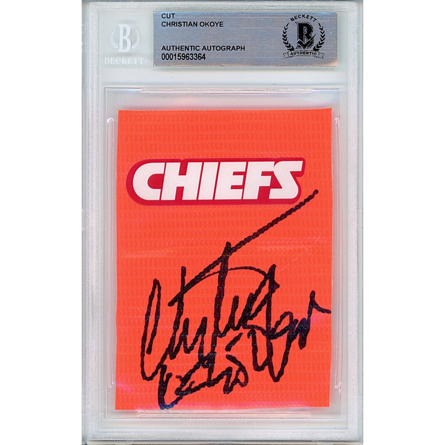 Footballs- Autographed- Christian Okoye Kansas City Chiefs Signed Football End Zone Pylon Cut Beckett Authentic Auto Slab Front