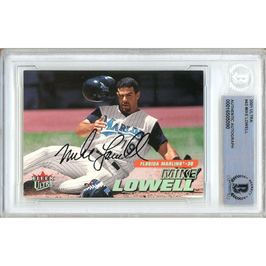 Baseballs- Autographed- Mike Lowell Miami Marlins Signed 2001 Fleer Ultra Baseball Card Beckett Authentic Auto Slab Front