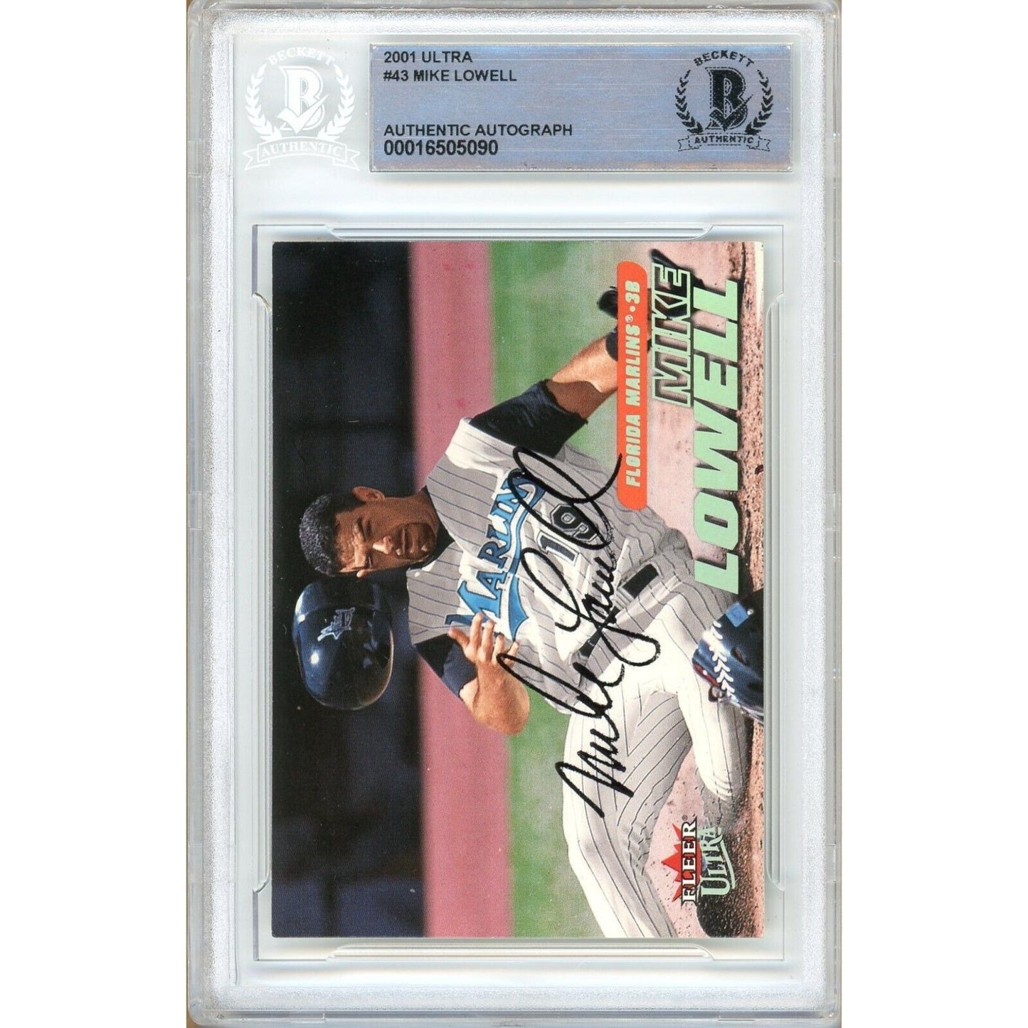 Baseballs- Autographed- Mike Lowell Florida Marlins Signed 2001 Fleer Ultra Baseball Card Beckett Authentic Auto Slab Front