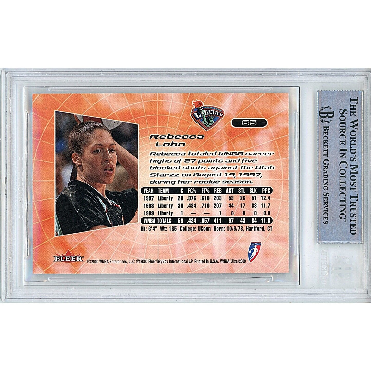 Basketball- Autographed- Rebecca Lobo New York Liberty Signed 2000 Fleer Ultra WNBA Trading Card Beckett Authentic Auto Slab Back