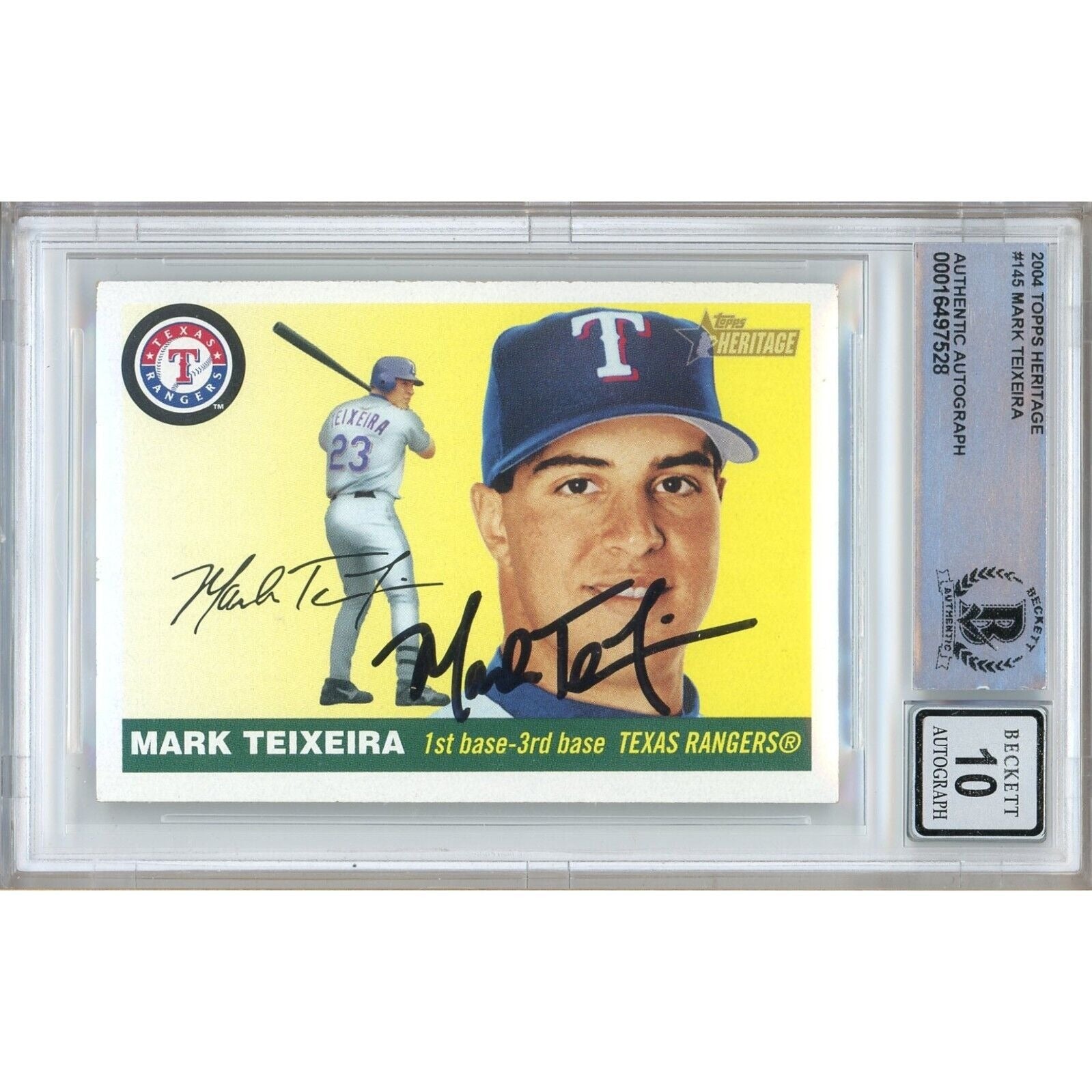 Baseballs- Autographed- Mark Teixeira Texas Rangers Signed 2004 Topps Heritage Baseball Card Beckett Authentic BGS Auto-10 Graded Slab Front