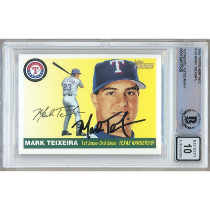 Baseballs- Autographed- Mark Teixeira Texas Rangers Signed 2004 Topps Heritage Baseball Card Beckett Authentic BGS Auto-10 Graded Slab Front