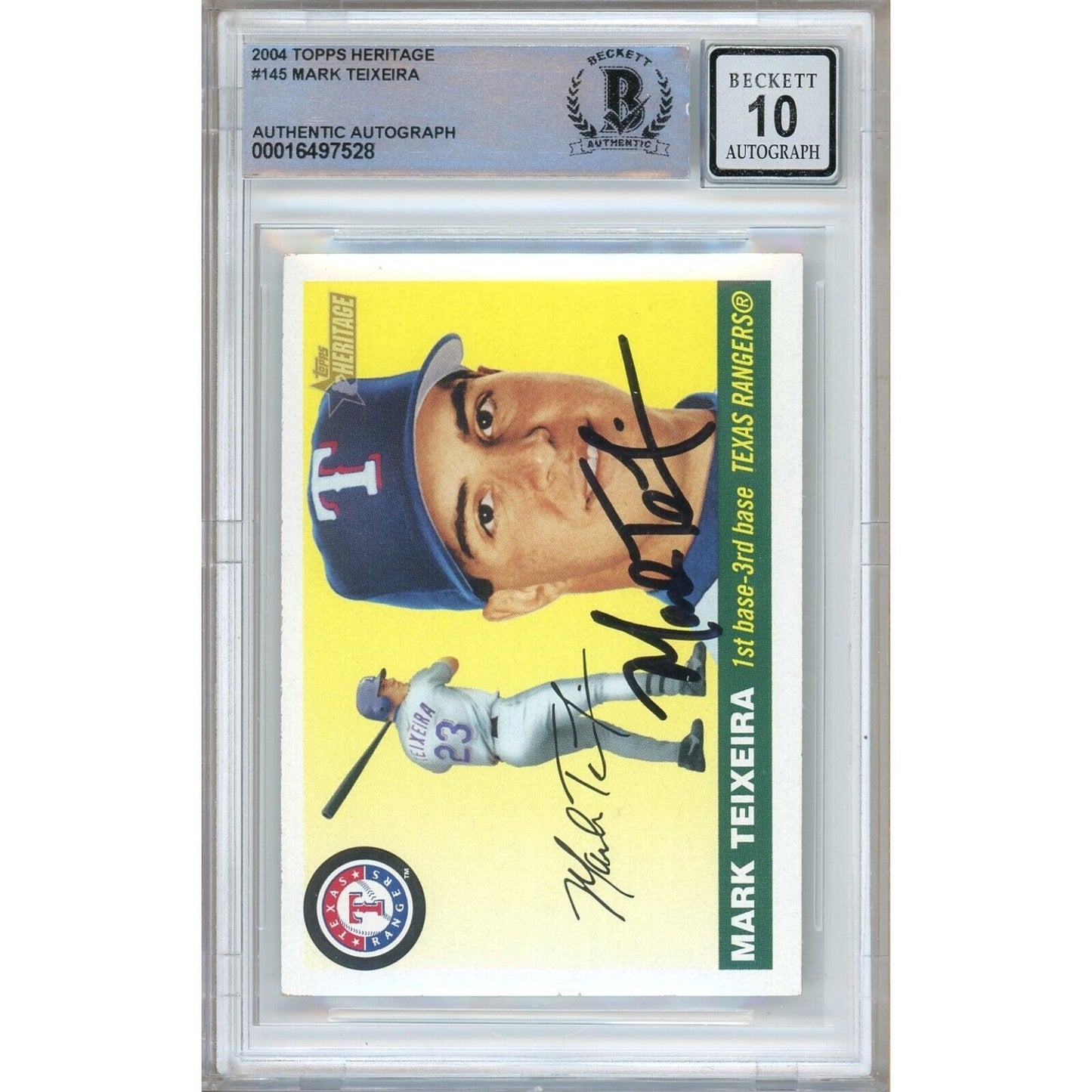 Baseballs- Autographed- Mark Teixeira TX Rangers Signed 2004 Topps Heritage Baseball Card Beckett Authentic BGS Auto-10 Graded Slab Front