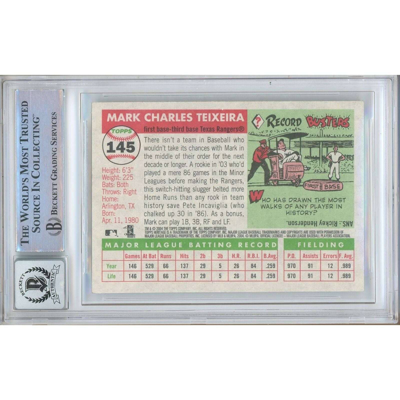 Mark Teixeira Texas Rangers auto trading card – authentication sticker – Beckett COA