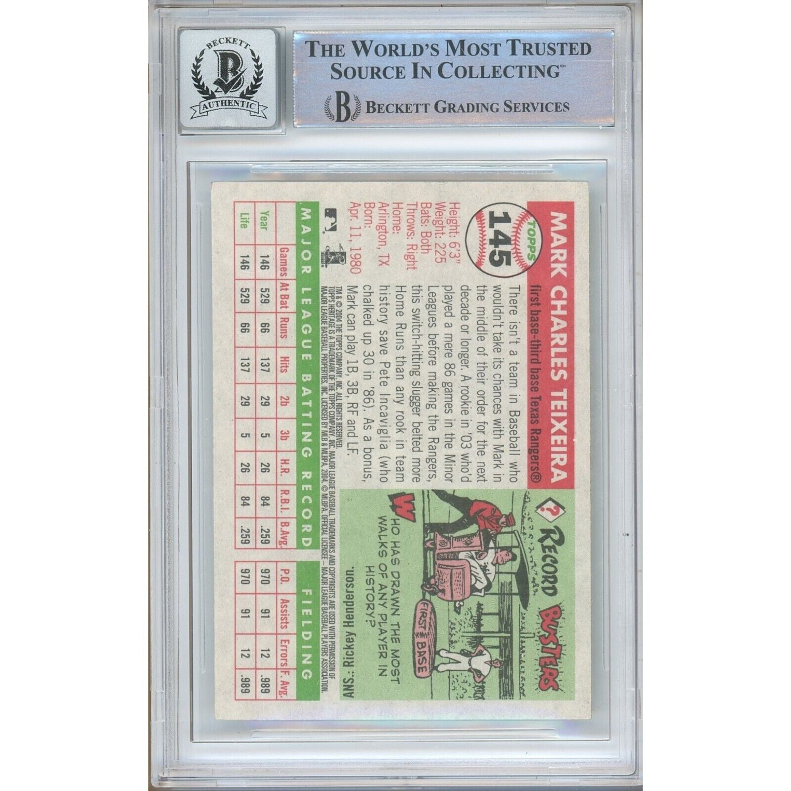 Baseballs- Autographed- Mark Teixeira Texas Rangers Signed 2004 Topps Heritage Baseball Card Beckett Authenticated BGS Auto-10 Graded Slab Back