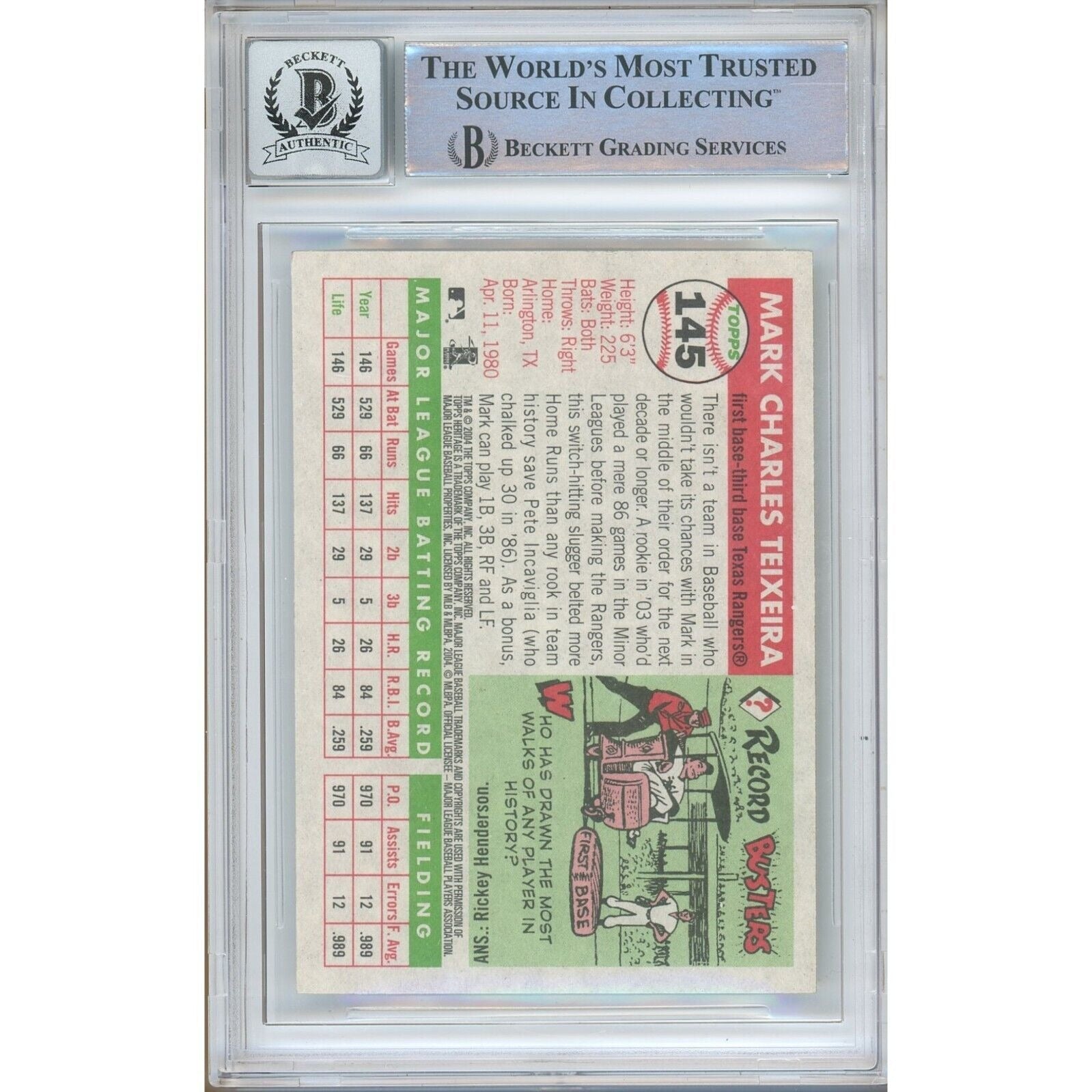 Mark Teixeira Texas Rangers Signed Auto Trading Card Beckett BGS