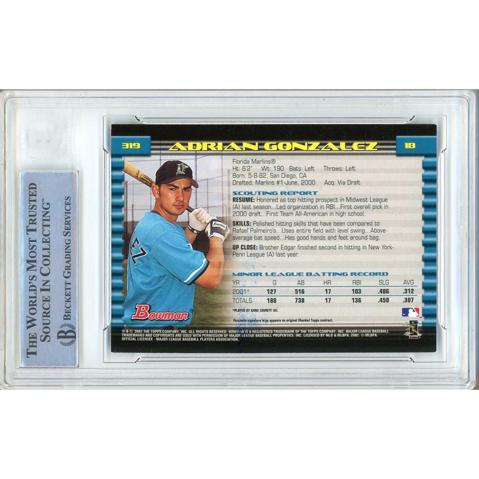 2002 Bowman #319 Adrian Gonzalez Miami Marlins Signed Trading Card – Beckett BAS