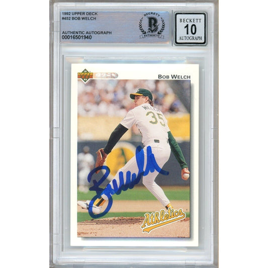 Baseballs- Autographed- Bob Welch Oakland Athletics Signed 1992 Upper Deck Baseball Card Beckett Authentic BGS Auto-10 Graded Slab Front