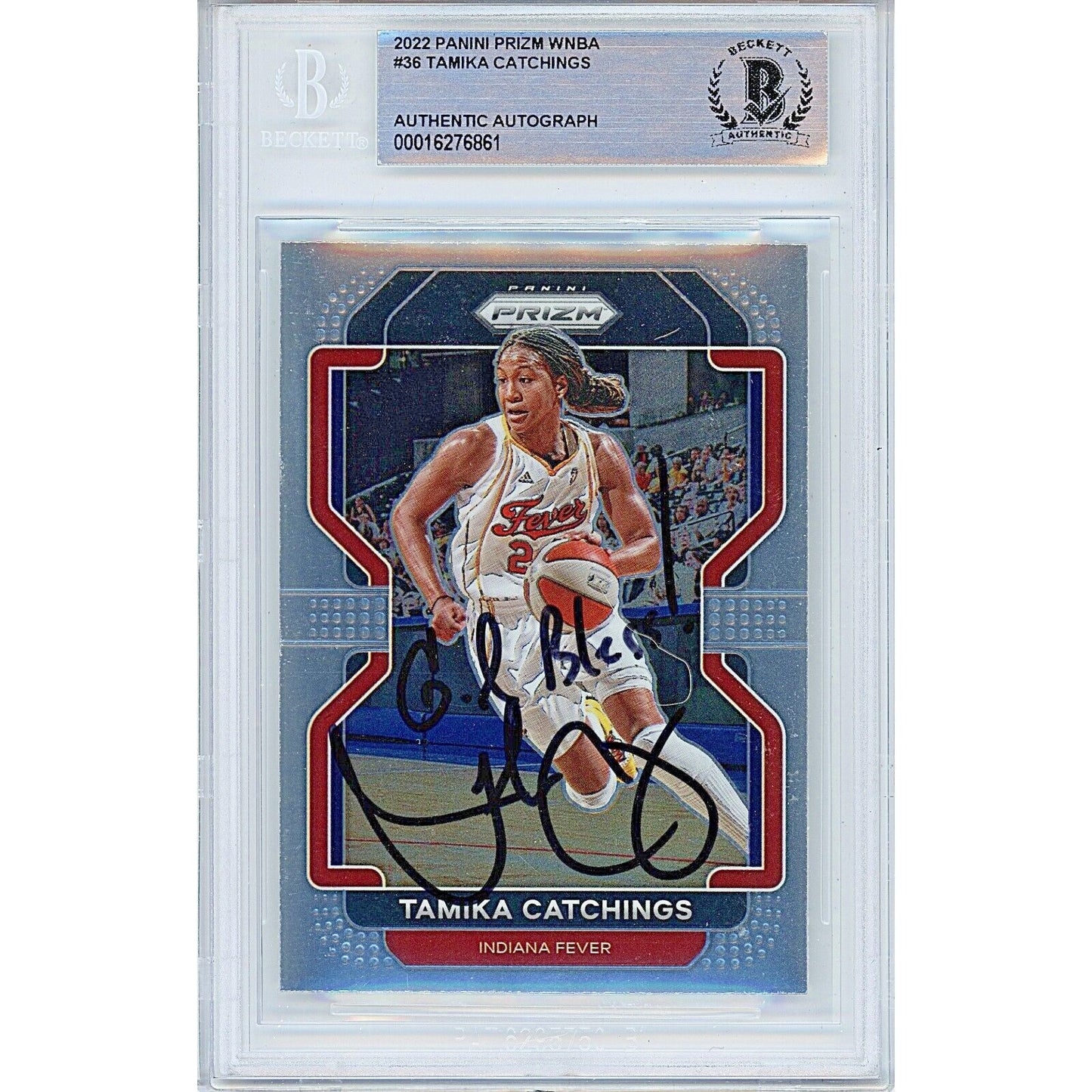 Basketballs- Autographed- Tamika Catchings Indiana Fever Signed 2002 Panini Prizm WNBA Trading Card Beckett Authentic Auto Slab Front