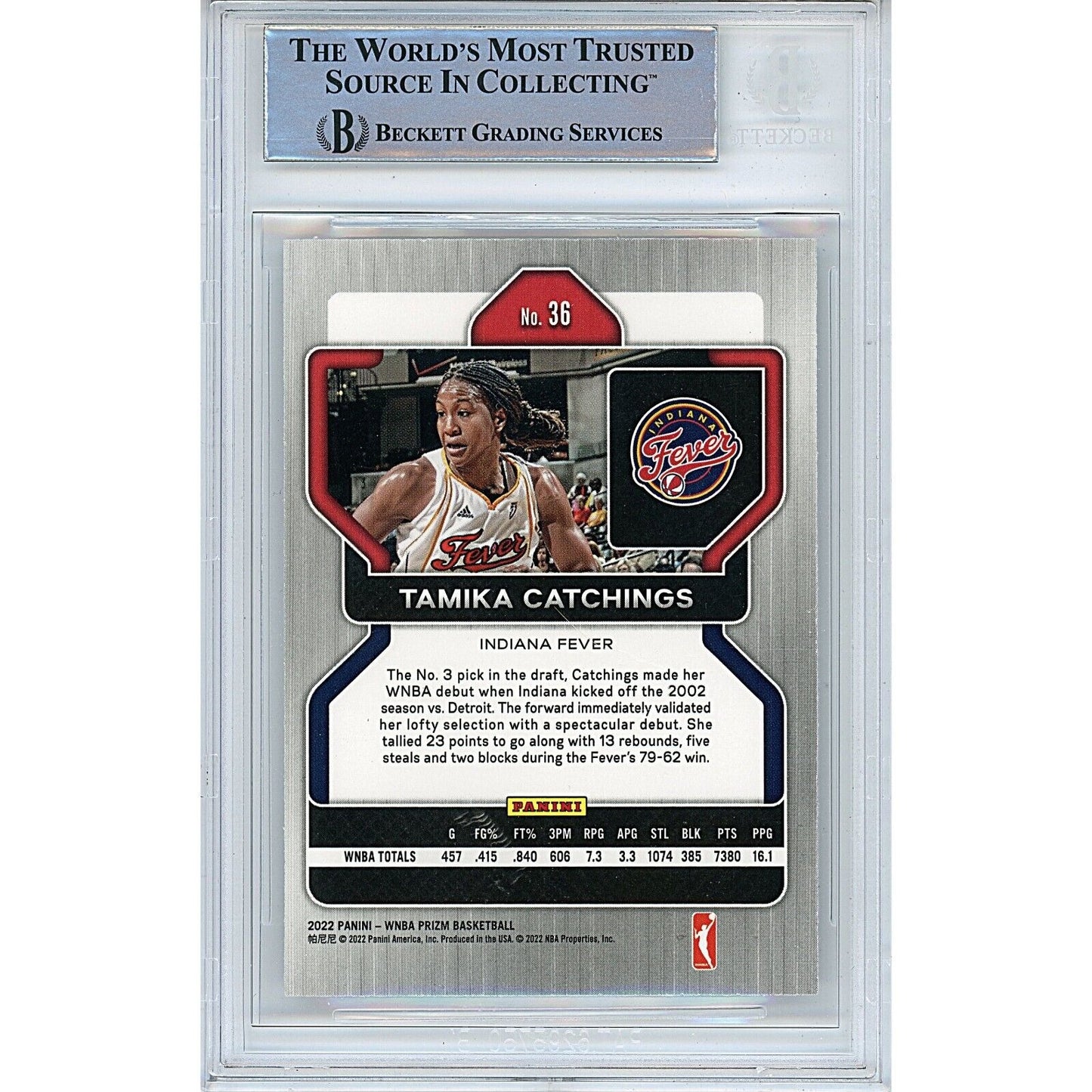 Basketballs- Autographed- Tamika Catchings Indiana Fever Signed 2002 Panini Prizm WNBA Trading Card Beckett Authentic Auto Slab Back