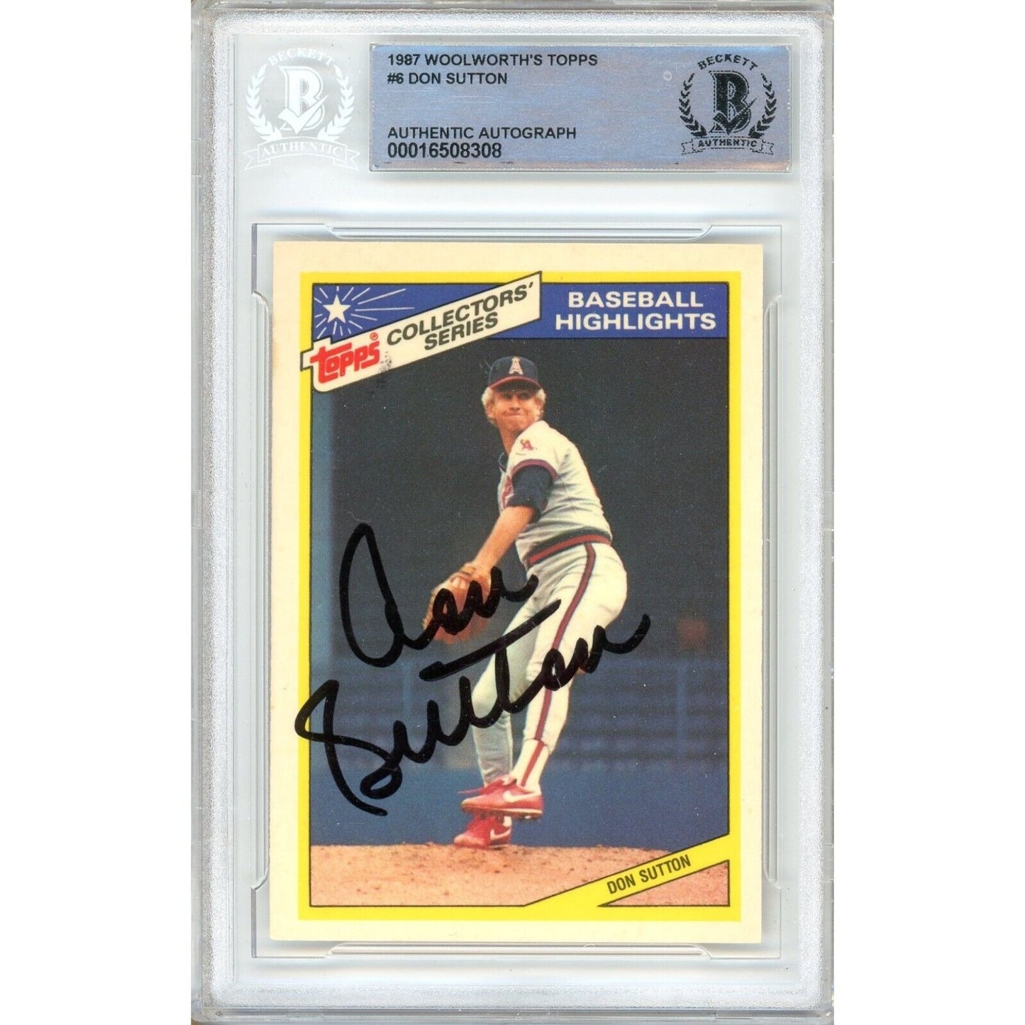 Baseballs- Autographed- Don Sutton Los Angeles Angels Signed 1987 Woolworth Topps Baseball Card Beckett Authentic Auto Slab Front