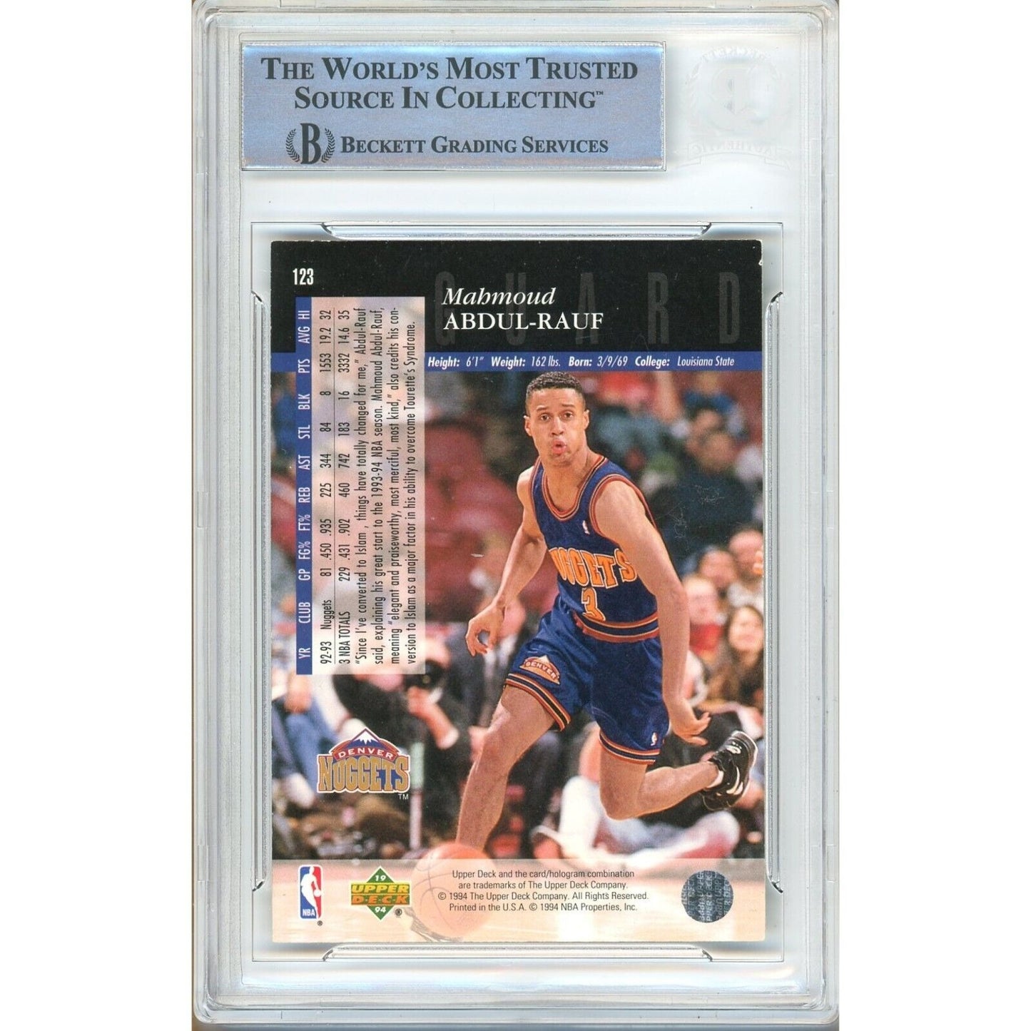 Basketballs- Autographed- Mahmoud Abdul-Rauf Denver Nuggets Signed 1994-95 Upper Deck Basketball Card Beckett Authentic Auto Slab Back