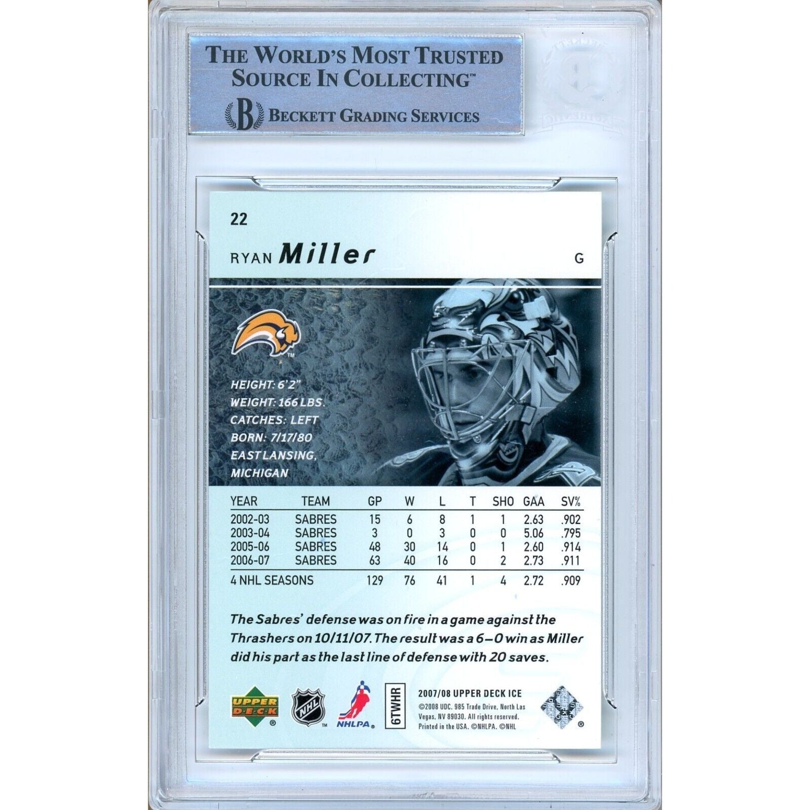 Hockey- Autographed- Ryan Miller Buffalo Sabres Signed 2007-08 Upper Deck Ice Trading Card Beckett Authentic Auto Slab Back