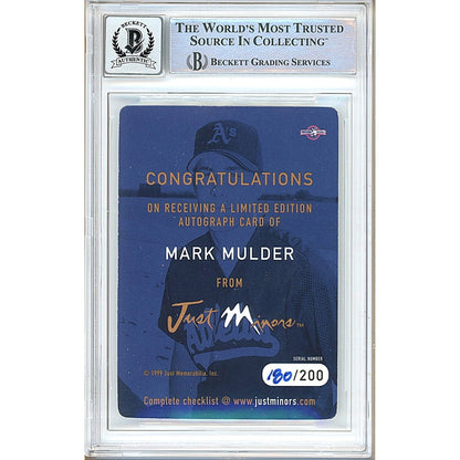 Baseballs- Autographed- Mark Mulder Oakland Athletics Signed 1999 Just Autographs Die Cuts Rookie Baseball Card Beckett Authentic BGS Auto-10 Graded Slab Back