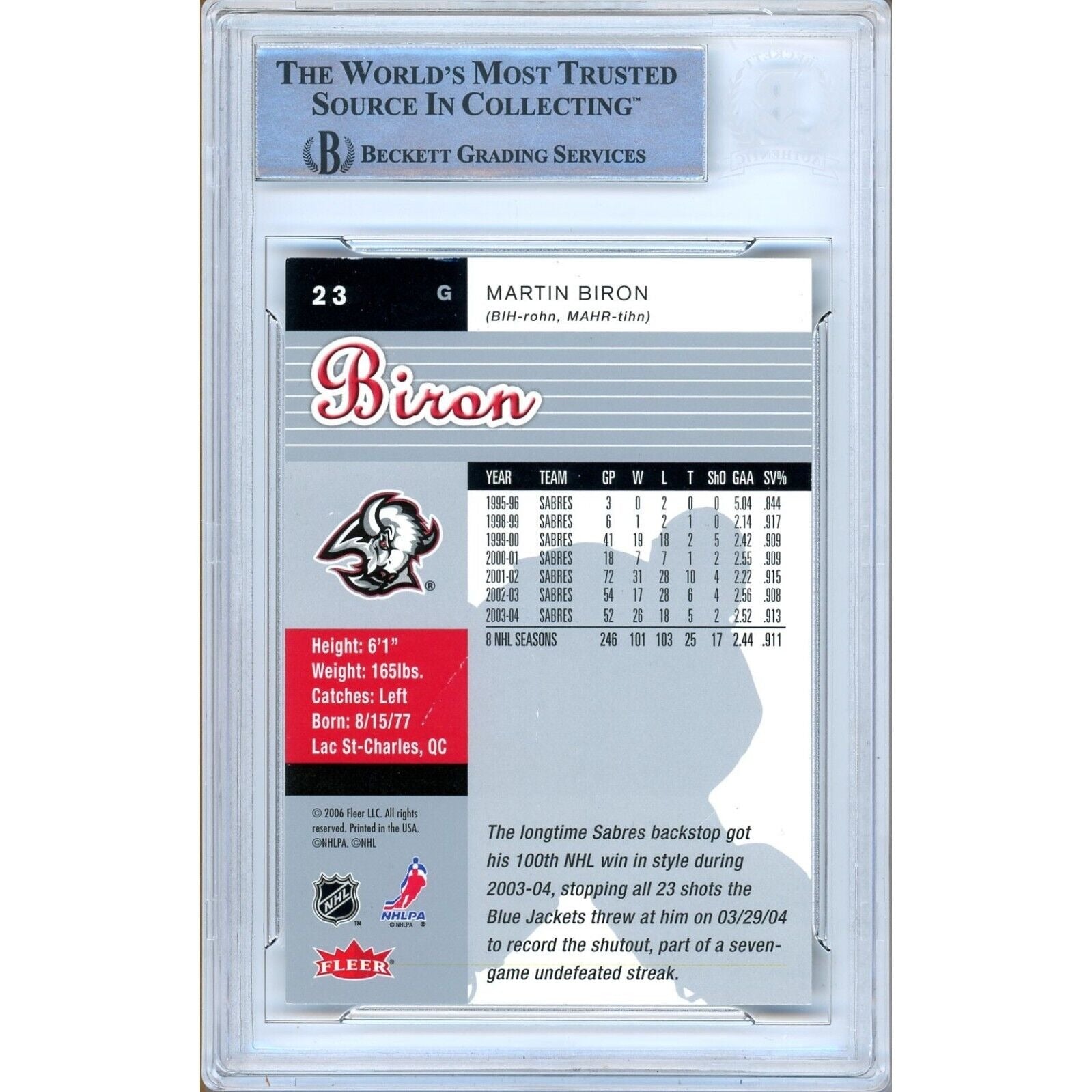 Martin Biron Buffalo Sabres auto trading card – authentication sticker – Beckett COA