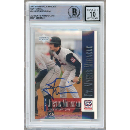 Baseballs- Autographed- Justin Morneau Minnesota Twins Signed 2001 Upper Deck Minors Centennial Rookie Baseball Card Beckett Authentic BGS Auto-10 Graded Slab Front