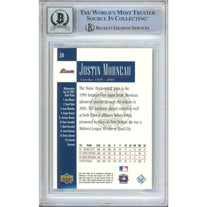 Baseballs- Autographed- Justin Morneau Minnesota Twins Signed 2001 Upper Deck Minors Centennial Rookie Baseball Card Beckett Authentic BGS Auto-10 Graded Slab Back