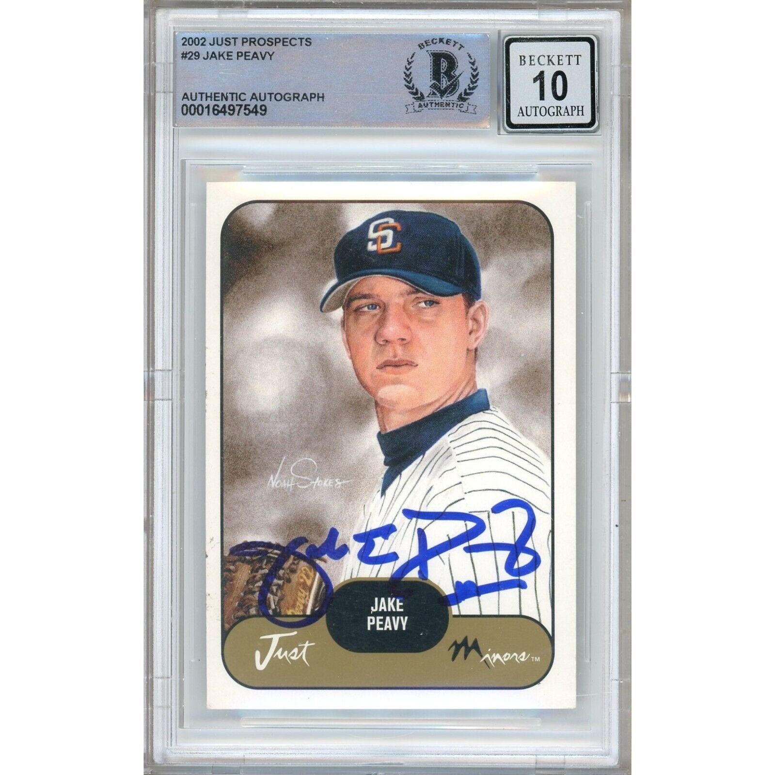 Baseballs- Autographed- Jake Peavy San Diego Padres Signed 2002 Just Prospects Rookie Baseball Card Beckett Authentic BGS Auto-10 Graded Slab Front