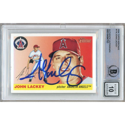 Baseballs- Autographed- John Lackey Los Angeles Angels Signed 2004 Topps Heritage Baseball Card Beckett Authentic BGS Auto-10 Graded Slab Front