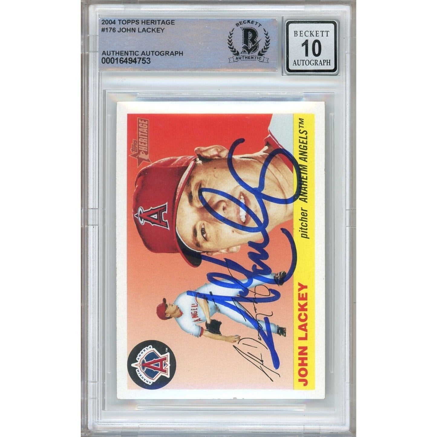 Baseballs- Autographed- John Lackey Anaheim Angels Signed 2004 Topps Heritage Baseball Card Beckett Authentic BGS Auto-10 Graded Slab Front