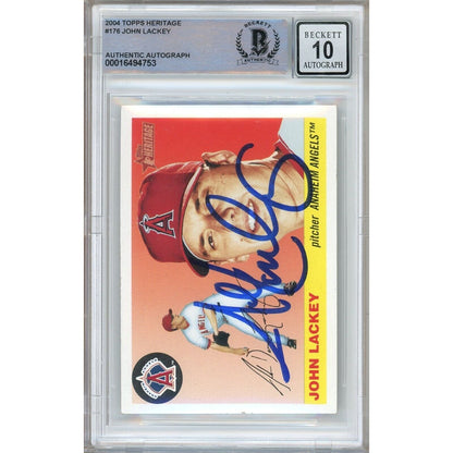 Baseballs- Autographed- John Lackey Anaheim Angels Signed 2004 Topps Heritage Baseball Card Beckett Authentic BGS Auto-10 Graded Slab Front