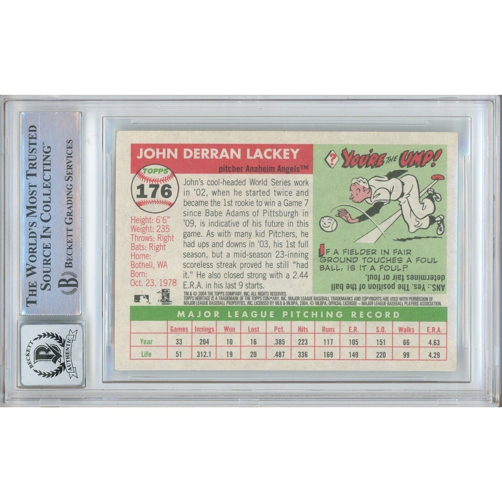 Baseballs- Autographed- John Lackey Los Angeles Angels Signed 2004 Topps Heritage Baseball Card Beckett Authentic BGS Auto-10 Graded Slab Back