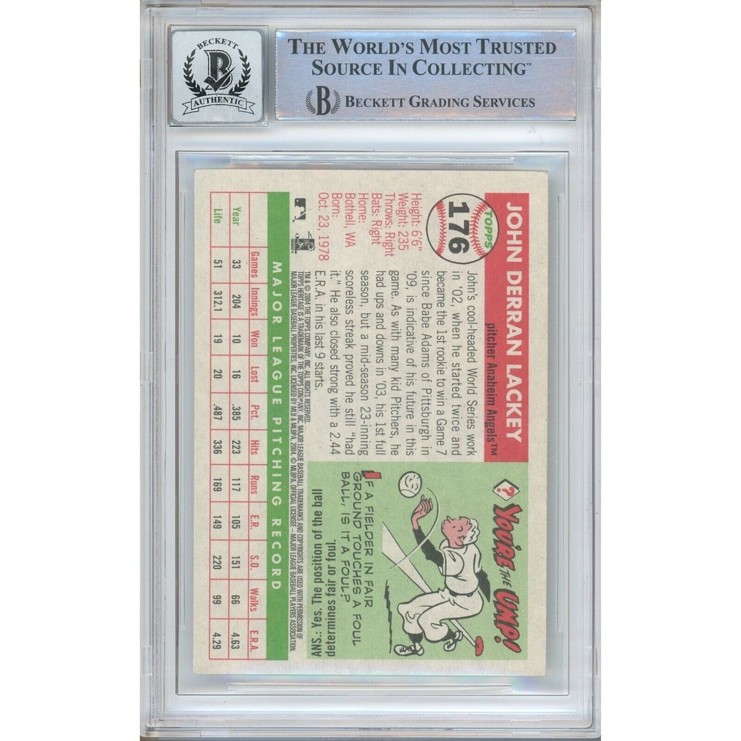 Baseballs- Autographed- John Lackey Los Angeles Angels Signed 2004 Topps Heritage Baseball Card Beckett Authenticated BGS Auto-10 Graded Slab Back